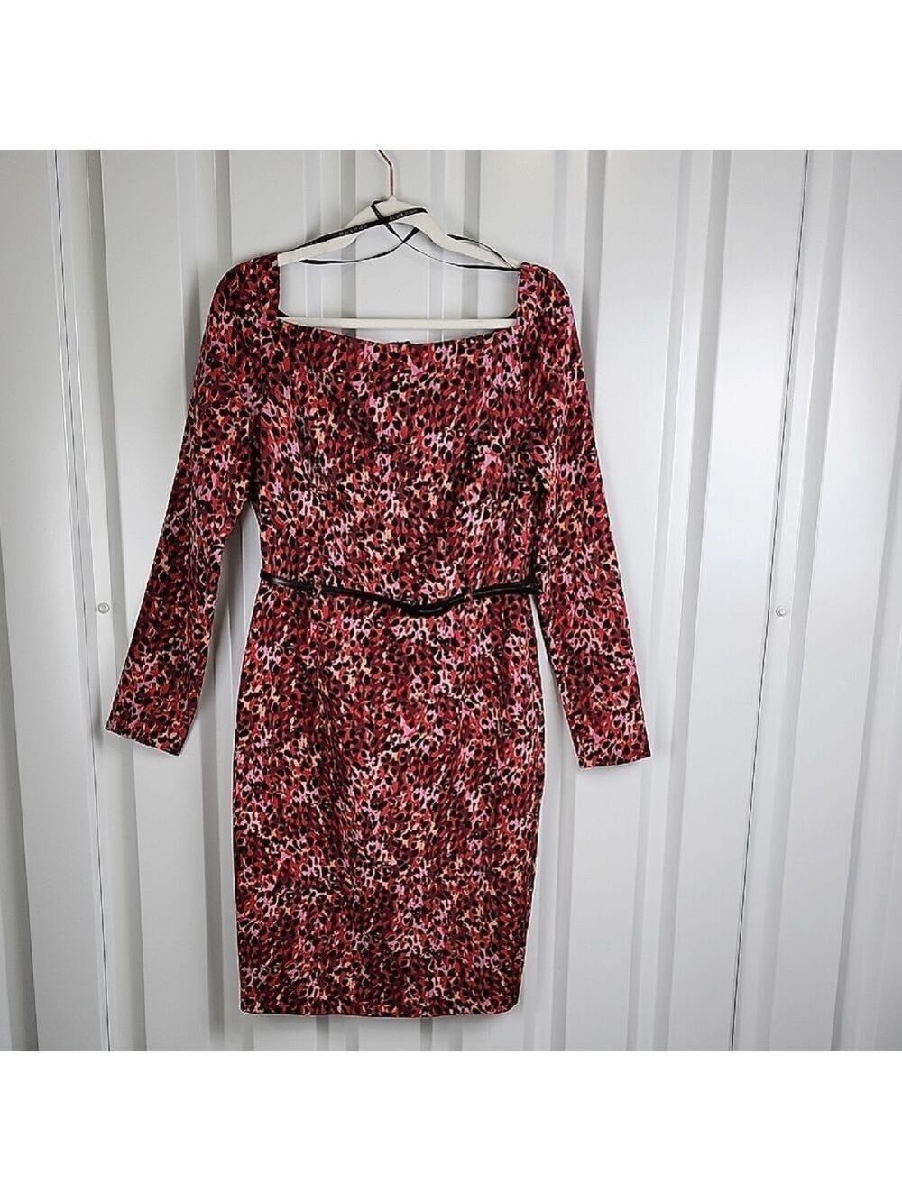 Black Halo Women's Parker Red Pink Animal Print Long Sleeve Sheath Dress Size 8